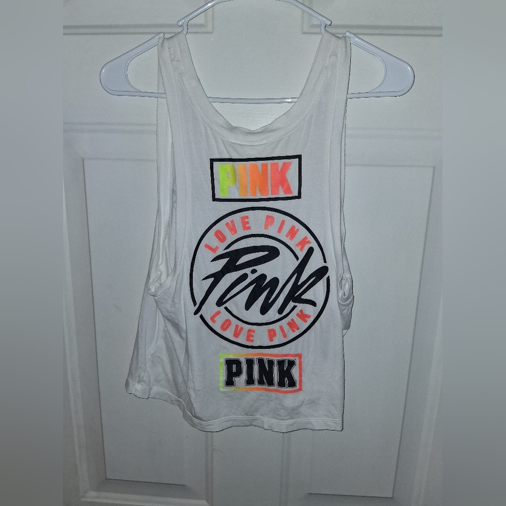 Victoria's Secret LOVE PINK Tank White With Neon Colors Size Small